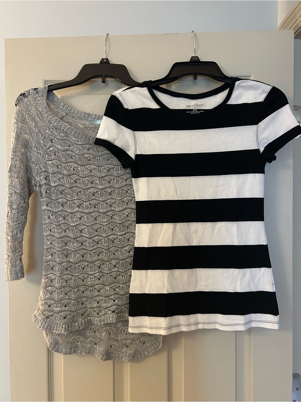 Maurices sweater and Perfect Black & White Stripe Short Sleeve Tee
